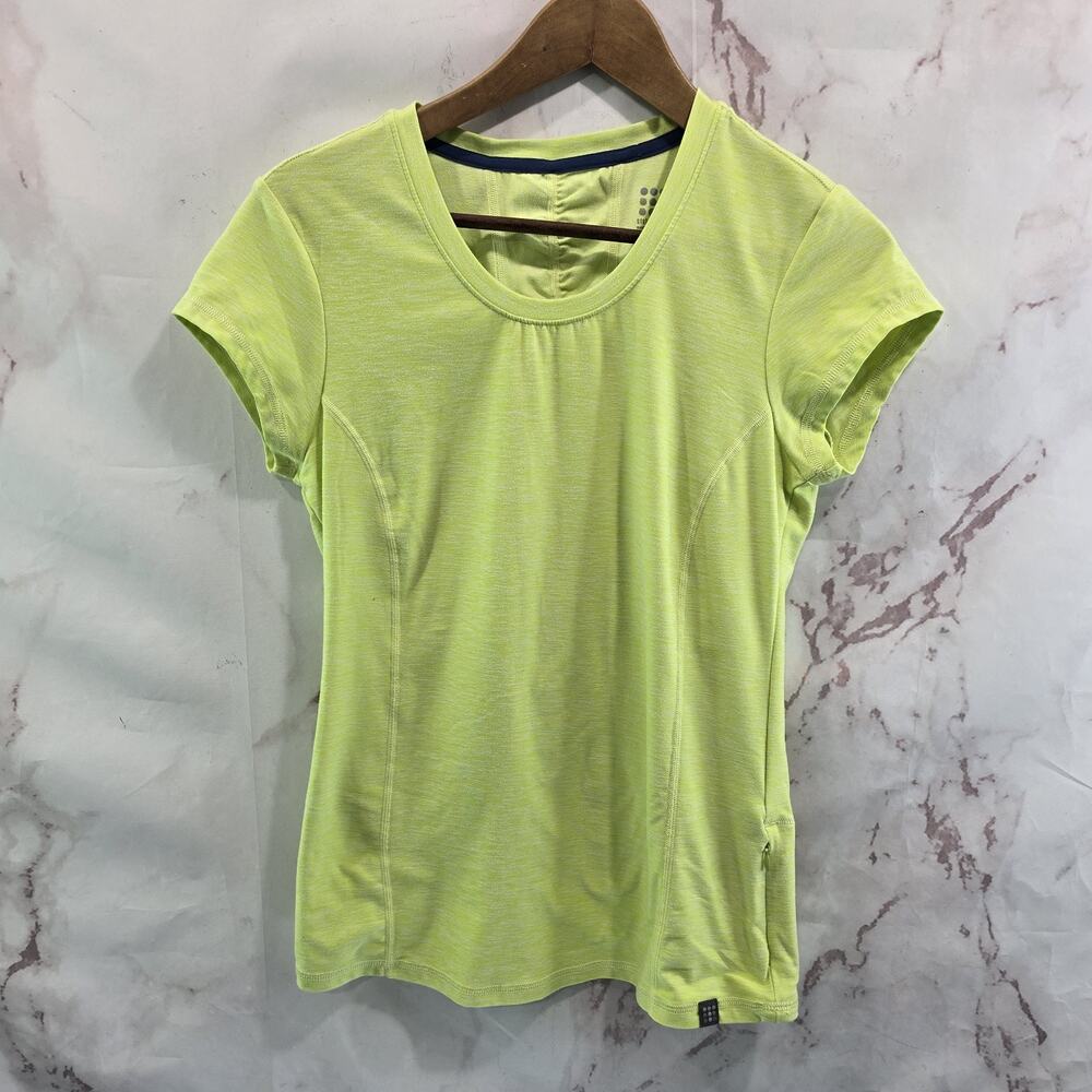 Title Nine Shirt Womens Small Green Crew Short Sleeve Buttah Lt Spacedye